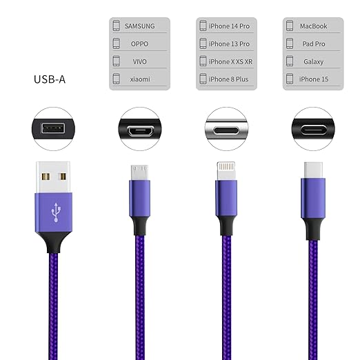 Multi Charging Cable(2Pack 4FT), Nylon Braided 3 in 1 Universal Charger Cable Multiple Charger Cord with Type-C/Micro USB and IP Port, Compatible with Most Cell Phones（Purple）