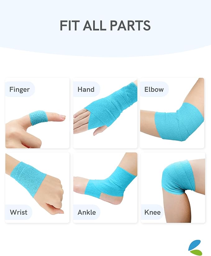 FriCARE Self Adhesive Bandage Wrap, Medical Tape in First Aid Kit, Cohesive Bandages for Wounds Sport Vet, 2 Inches X 5 Yards 6 Rolls, Cerulean Blue