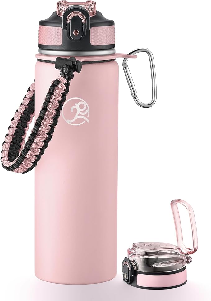 GOSWAG Insulated Sports Water Bottle, 24oz 2 Lids(with Straw/No Straw), Stainless Steel Water Bottles with Paracord Handle, Insulated Bottle with Double-Wall Vacuum Insulation