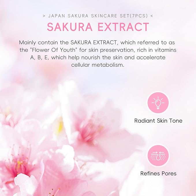 LAIKOU JAPAN SAKURA Skin Care, Skin Care Set with Cleanser, Toner, Lotion, Eye Cream, Makeup Primer, Essence Cream and Serum for Women Mother's Day Valentine's Day Christmas Birthday Beginner Kit 7pcs