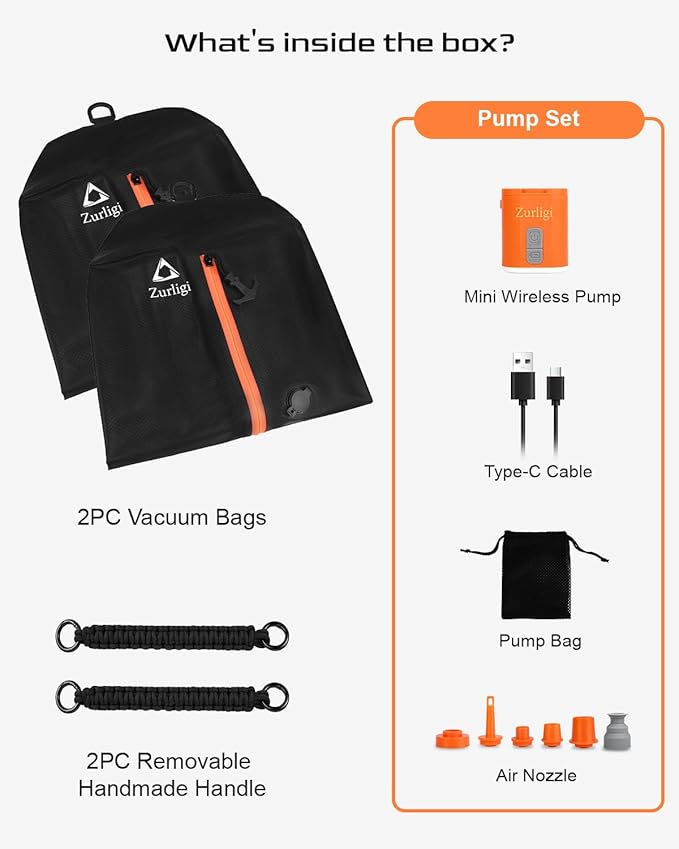 Zurligi Vacuum Compression Bags with Pump for Travel - Waterproof, Reusable, Removable Handle, Portable Travel Pack Vacuum Bag Kit for Carry On Suitcases and Backpack