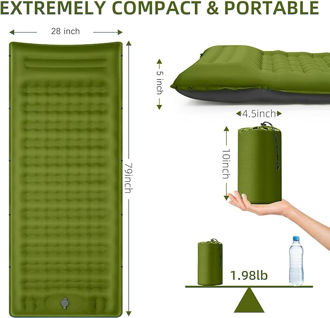 Double Sleeping Pad Camping, Self Inflating 6'' Extra-Thick 2 Person Pillow Built-in Foot Pump Waterproof Inflatable Sleeping Mat Backpacking, Tent, Hiking, Portable Camping Pad