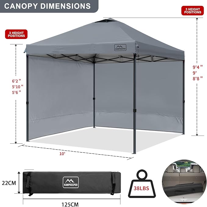 KAMPKEEPER 10x10 Pop Up Canopy Tent with 2 Sidewalls, Beach Tent - Easy Outdoor Sun Shade for Events, Parties, Camping - Gazebo with 4 Weight Bags & Carry Bag.（Grey）