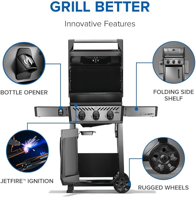 Napoleon Freestyle 365 Propane Gas Outdoor Grill, Graphite Grey – 3-Burner BBQ with Stainless Steel Cooking Grates