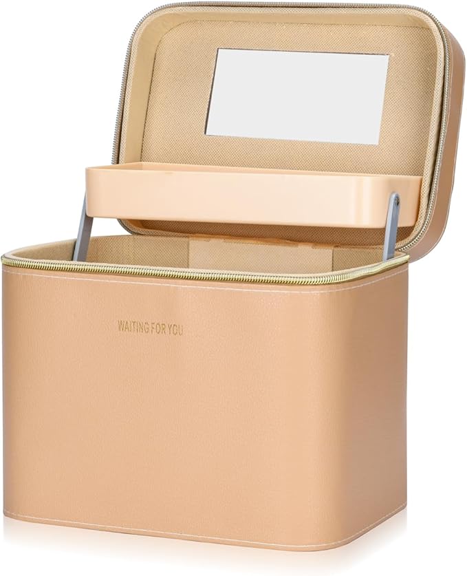 Fashion makeup box, Portable leather hard cosmetic case with mirror, Professional train case make up box for women adults. (Double- yellow)