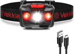 Vekkia LED Headlamp Rechargeable - 5 Lighting Modes,White & Red LEDs Head Lamp, Camping Accessories Gear. IPX4 Waterproof Headlight for Running,Cycling,Fishing,Hiking,Repairing. Type-C Included
