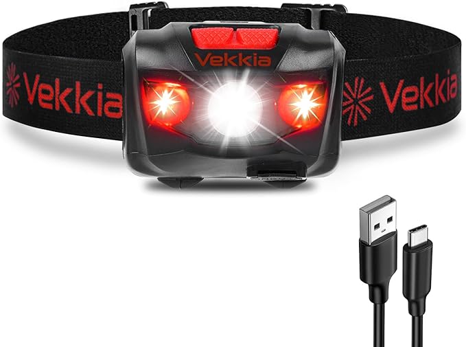 Vekkia LED Headlamp Rechargeable - 5 Lighting Modes,White & Red LEDs Head Lamp, Camping Accessories Gear. IPX4 Waterproof Headlight for Running,Cycling,Fishing,Hiking,Repairing. Type-C Included