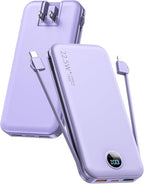 Portable Charger, 12000mAh 22.5W USB C Fast Charging Power Bank with Built-in Cables and AC Wall Plug, Smart LED Display Travel Essentials Battery Pack Compatible with iPhone, iPad, Samsung etc Purple