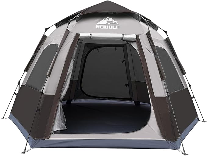 Hewolf 2/3/4 Person Camping Tent - Instant Pop Up Waterproof 2 Doors Tent with Easy Setup | 3-Season Hexagonal Dome Design for Family, Hiking & Traveling