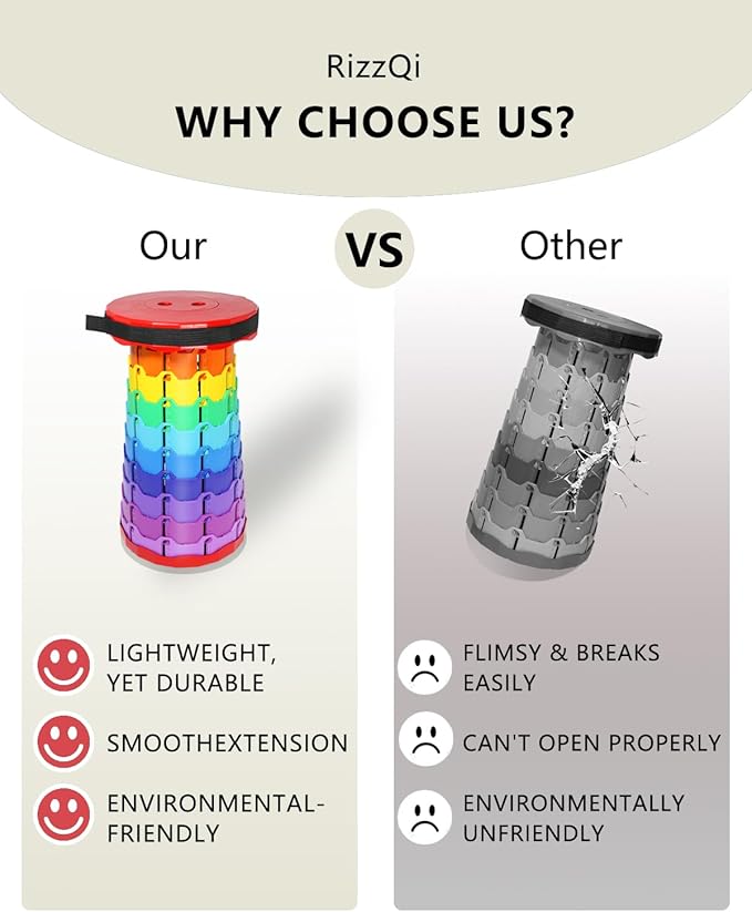 Upgraded Collapsible hickened Portable Camping Stool with Adjustable Height and Retractable for Fishing, Hiking, BBQ, Concert Party, Outdoor (Rainbow Red)