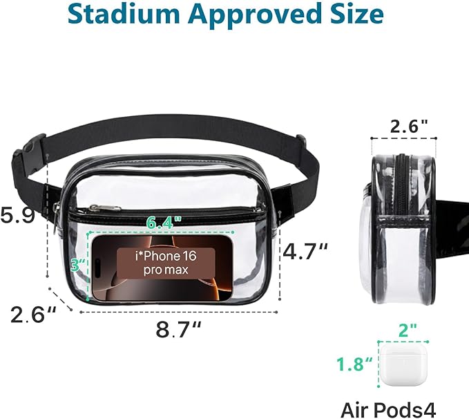 Veckle Clear Fanny Pack Stadium Approved - Plus Size 35-51 Inch Adjustable Strap Transparent Belt Bag for Women Men Fits 7.5" Smartphone, Clear Bag for Stadium Events Sports Concerts, 2-Pack Black
