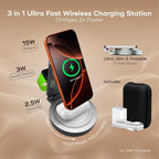 3 in 1 Magnetic Wireless Charger Station for Apple Devices, MagSafe iPhone & Watch, Earbuds Dock, Ultra-Slim Foldable Stand, 360° Adjustable, USB-C & Charging Cube, Travel-Ready.