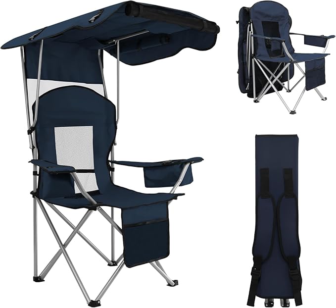 BDL Camping Chair with Canopy Shade Portable Folding Beach Chairs with Cooler, Mesh Backrest, Cup Holder, and Pocket for Camping, Fishing, Beach, and Sports,Blue