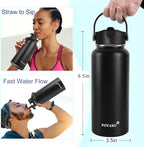 Water Bottle Insulated 32oz 40oz 64oz 128oz Straw Lid Spout Lid & 3 Lids, Leak Proof, Vacuum Insulated,Stainless Steel Water Bottle Wide Mouth for Sports, Gym or Office