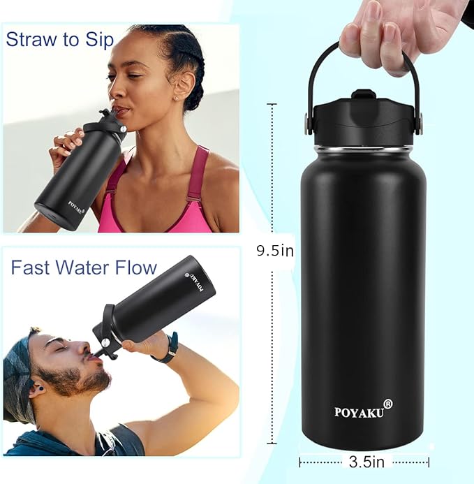 Water Bottle Insulated 32oz 40oz 64oz 128oz Straw Lid Spout Lid & 3 Lids, Leak Proof, Vacuum Insulated,Stainless Steel Water Bottle Wide Mouth for Sports, Gym or Office