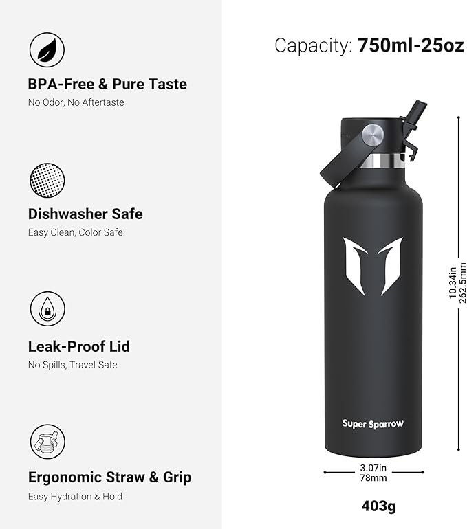 Super Sparrow Insulated Water Bottle - 17 Oz / 25 Oz / 32 Oz - Standard Mouth FlipFlow Flask - BPA Free, Leak Proof Drink Bottle- Ergonomic Straw Water Bottles for Work, Gym, Travel, Sports