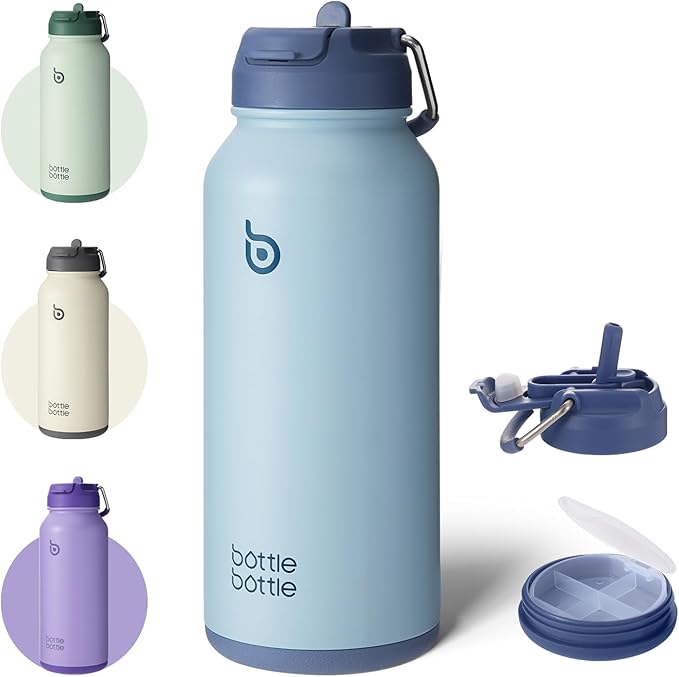 BOTTLE BOTTLE 32oz Insulated Water Bottle Stainless Steel Sport Water Bottle with Straw Dual-use Lid Design for Gym with Pill Box