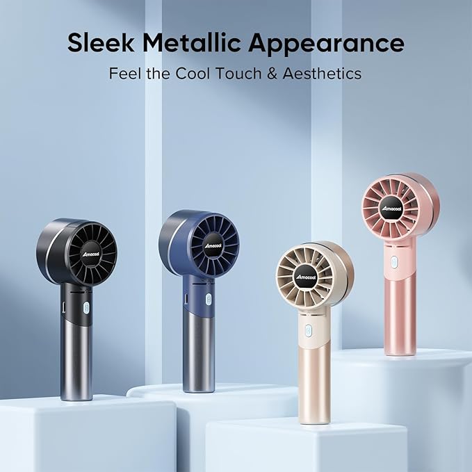 AMACOOL Mini Handheld Turbo Fan, 17Hrs Runtime, 4 Speeds, Cool Metal Body, Rechargeable Personal Hand Fan, Travel Essentials, Portable Pocket Fans for Girl Woman Man Makeup Camping-Beige