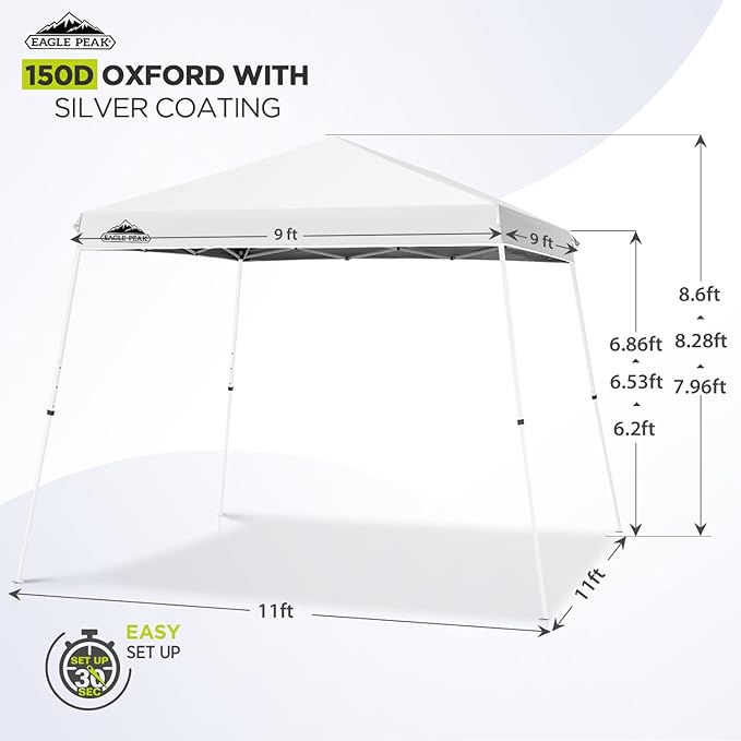 EAGLE PEAK 11x11 Slant Leg Pop-up Canopy Tent Easy One Person Setup Instant Outdoor Beach Canopy Folding Portable Sports Shelter 11' x 11' Base 9' x 9' Top (White)