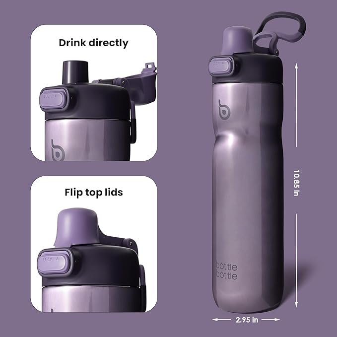 BOTTLE BOTTLE Insulated Water Bottle 24 oz with Handle and Flip Tops Lids Stainless Steel Water Bottle Push Button Lid Leak proof Portable for Running Travel Sports Hiking purple