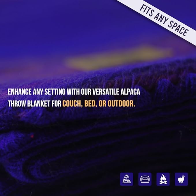 Alpaca Wool Blanket - Twin Size Bed Throw & Warm, Lightweight, Couch or Camp - Outdoor - 75 x 38 Inches (Blue & Purple)