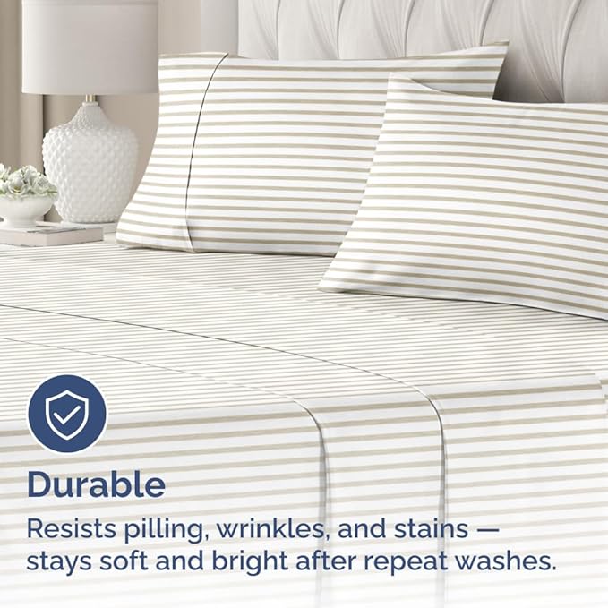 King Pillow Cases Set of 2 - Ultra Soft Hotel Quality Pillowcase Covers - Comfy Cozy Bedding for Women, Men, Kids & Teens - Machine Washable Pillow Protectors - 2 Pieces Set - King Size Beige Stripes
