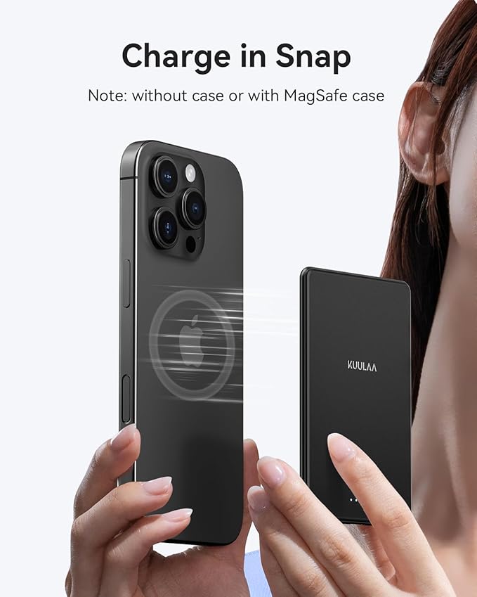 Kuulaa Power Bank Ultra Slim, 0.28 in MagSafe PowerBank 5000 mAh, PD20W Small Power Bank, Magnetic Wireless External Mobile Phone Batteries for iPhone 16 Pro/15/14/13/12 Series (Black)