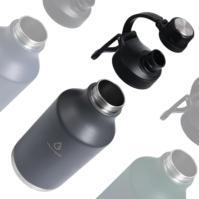 Vacuum Insulated Jug with Straw Lid Dustproof, Half Gallon Insulated Beer Growler, 3 Lids Wide Mouth Thermos Mug, Leakproof BPA Free and Dishwasher Safe - 64 Oz Grey