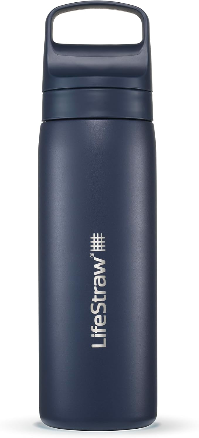 LifeStraw Go Series – Insulated Stainless Steel Water Filter Bottle for Travel and Everyday Use, Removes Bacteria, Parasites and Microplastics, Improves Taste, 18oz Aegean Sea