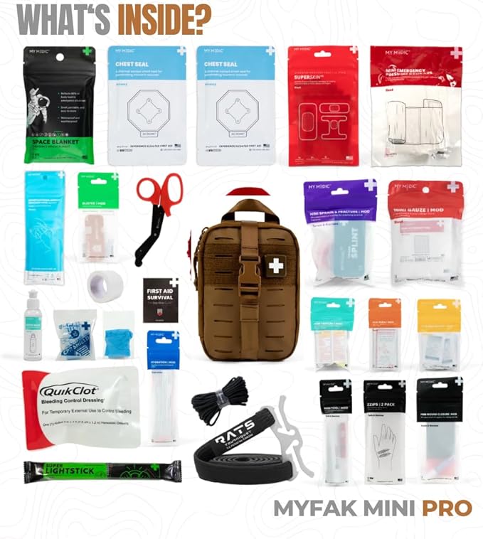 My Medic MyFak Mini Pro First Aid Kit - Small and Lightweight for Camping Hiking and Backpacking - 70 Items IFAK with Tourniquet - HSA/FSA Great for Travel - Coyote