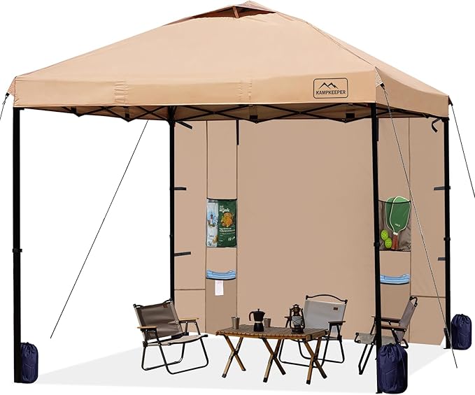 KAMPKEEPER 10x10 Pop Up Canopy Tent with Sidewall - Easy Setup Sun Shelter, Outdoor Shade with Vented Roof for Backyard | UV & Rain Portable Instant Camping Beach Canopy Tents (Khaki)