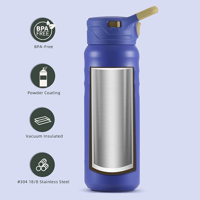 IDEUS Insulated Stainless Steel Water Bottle with 2 Leak-Proof Lids, Thermal Water Flask for Hiking Biking, 24oz, Purple