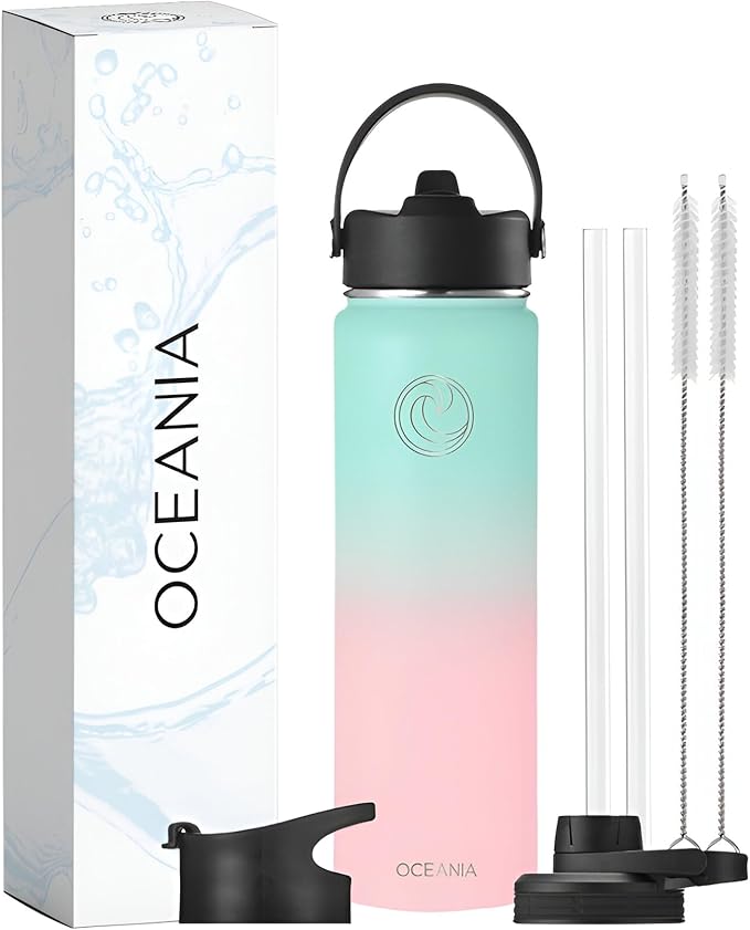 Oceania Wide Mouth 22oz Candy Floss Flask 22oz Stainless Steel Sports Water Bottle | Leakproof, BPA-Free, Insulated with 3 Lids, 3 Straws & 2 Straw Cleaning Brushes | Full Hydration Pack