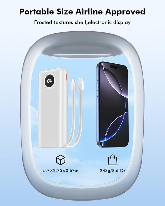 Portable Charger 10000mAh 22.5W PD/QC3.0 Fast Charging Power Bank with Built-in Lightning and Type-C Cables 5V-4.5A Slim for iPhone 16/15/14/13,Samsung,iPad,Tablets,Google Pixel,AirPods and More