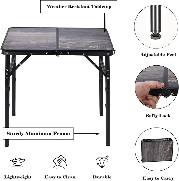 Small Folding Camping Table, 2ft Portable Picnic Table Aluminum 24" x 16", 3 Adjustable Heights Portable Lightweight Table Dining for RV, Picnic, Beach (Black Lava)