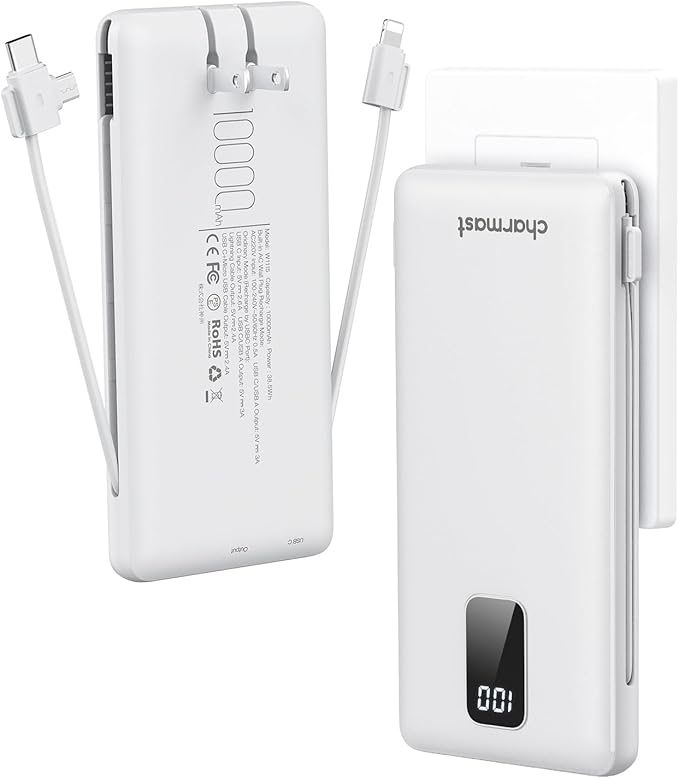 charmast Portable Charger with Built-in Cables and Plug, 10000mAh USB C Power Bank Fast Charging, External Battery Pack Slim, Travel Essentials Compatible with iPhones, Samsung Galaxy, iPad