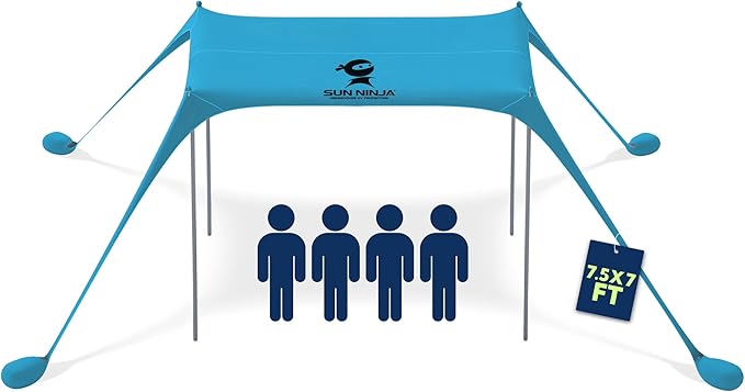 SUN NINJA Beach Tent Sun Shelter UPF50+ - Easy Pop Up Beach Canopy - Outdoor Shade for Camping Trips, Fishing, Backyard Fun Picnics - Sand Shovel, Ground Pegs & Stability Poles