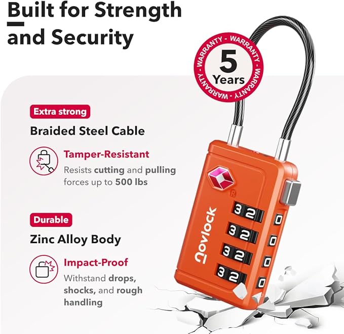 Luggage Locks TSA Approved with Inspection Indicator and Resettable 4-Digit, Easy-to-Read Combination, TSA Locks for Luggage, Suitcases, Backpacks & Travel Bags, Orange, 4-Pack