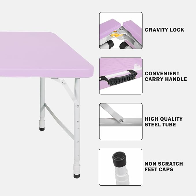 4 FT Folding Table with Carry Handle, Portable Fold-in-Half Plastic Table, Rectangle Foldable Table for Indoor/Outdoor Purple