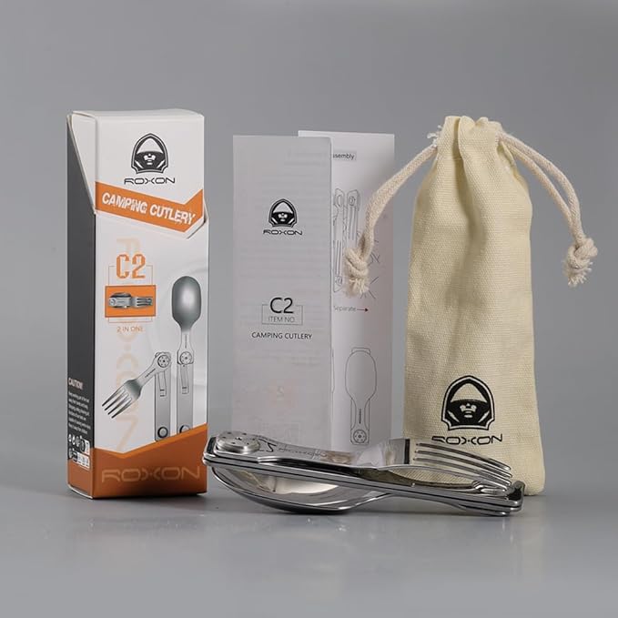 Roxon C2 Camping Utensil 2 in 1 Detachable Folding Cutlery with Fork & Spoon for Outdoor, Camping, Hiking, Easy to Carry Highly Practical Tableware