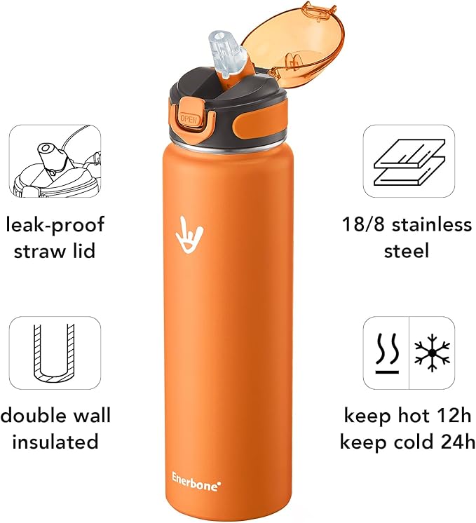Enerbone 32 oz Insulated Water Bottle, Stainless Steel Bottle with Carrying Strap, Double-Wall Vacuum Insulation Design, Leakproof Sports Bottle with Straw, Keep Drinks Cold or Hot for Hours
