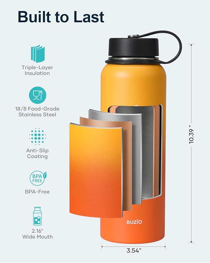 BUZIO 40oz Insulated Water Bottle, Triple Wall Vacuum Stainless Steel Water Flask with 2 lids, Lead-Free BPA-Free Straw Lid Sports Canteen Jug, Cold 48H & Hot 24H- Yellow Orange