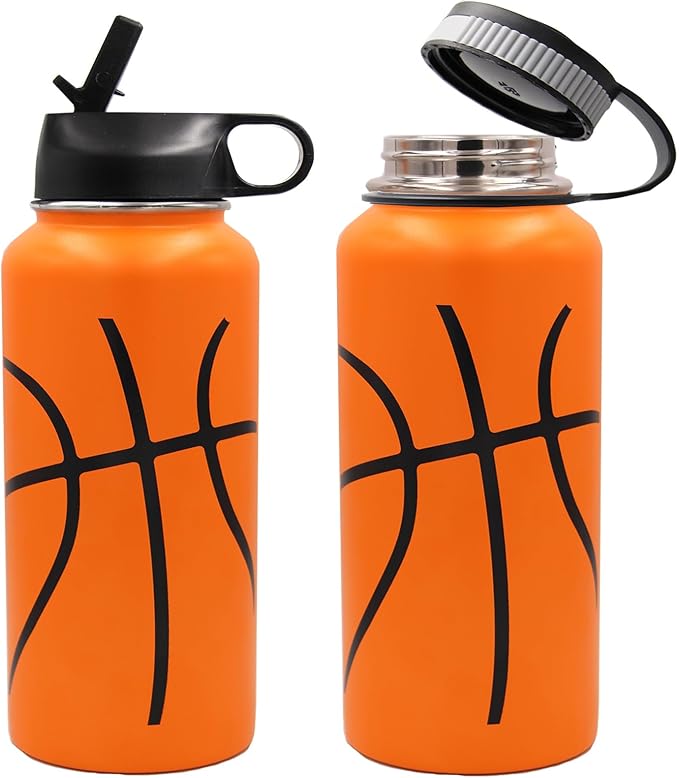 32 oz Basketball Water Bottle, Wide Mouth Sports Flask Metal Travel Mug with 2 Lids, Stainless Steel Double Wall Vacuum Insulated Leak Proof Water Bottles, Basketball Accessories Gifts for Boys Girls
