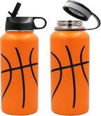 32 oz Basketball Water Bottle, Wide Mouth Sports Flask Metal Travel Mug with 2 Lids, Stainless Steel Double Wall Vacuum Insulated Leak Proof Water Bottles, Basketball Accessories Gifts for Boys Girls