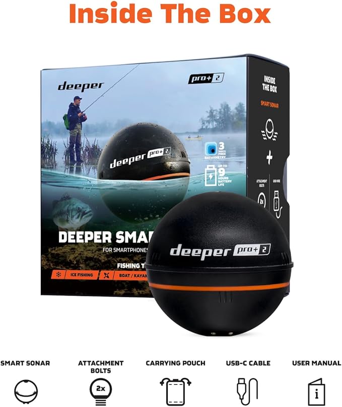 Deeper PRO+ 2 Sonar - Portable Fish Finder and Depth Finder for Kayaks, Boats and Ice Fishing with GPS Enabled | Castable Deeper Sonar with Free User Friendly App