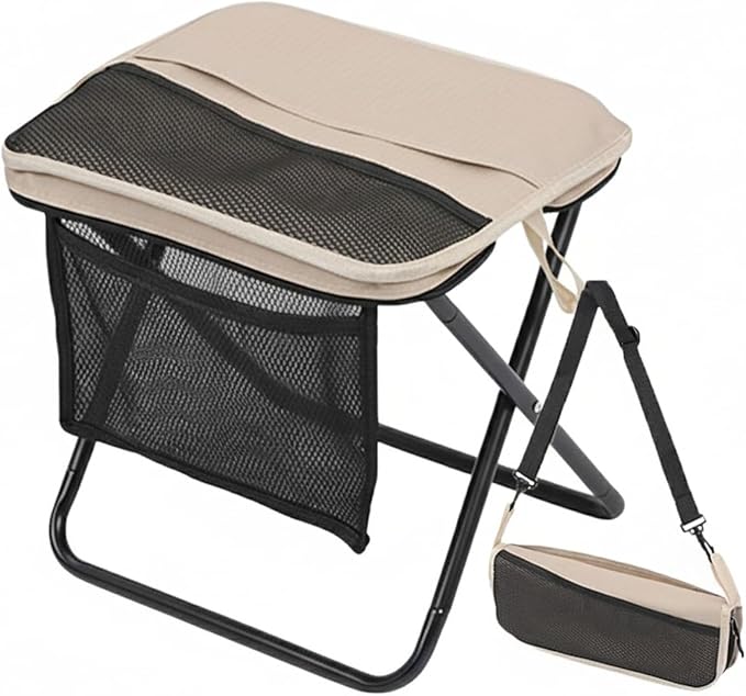 13 x 10.6 Inch Portable Folding Camping Stool, Metal Frame with Storage Mesh, Small Folding Stool for Adults Lightweight Outdoor Seating for Camping Fishing Hiking BBQ Hold Up to 265 LBS (Khaki)