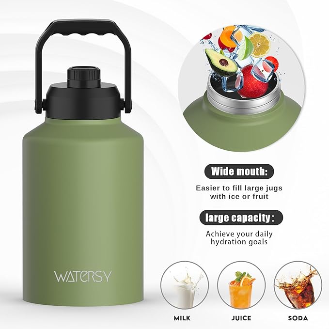 WATERSY 1 Gallon Water Bottle Insulated(Cold for 48 Hrs),BPA Free&Leak Proof,128oz Stainless Steel Water Jug,Big thermo,Large Water Bottle with Handle for Gym,Hiking,Camping&Travel,Olive Green