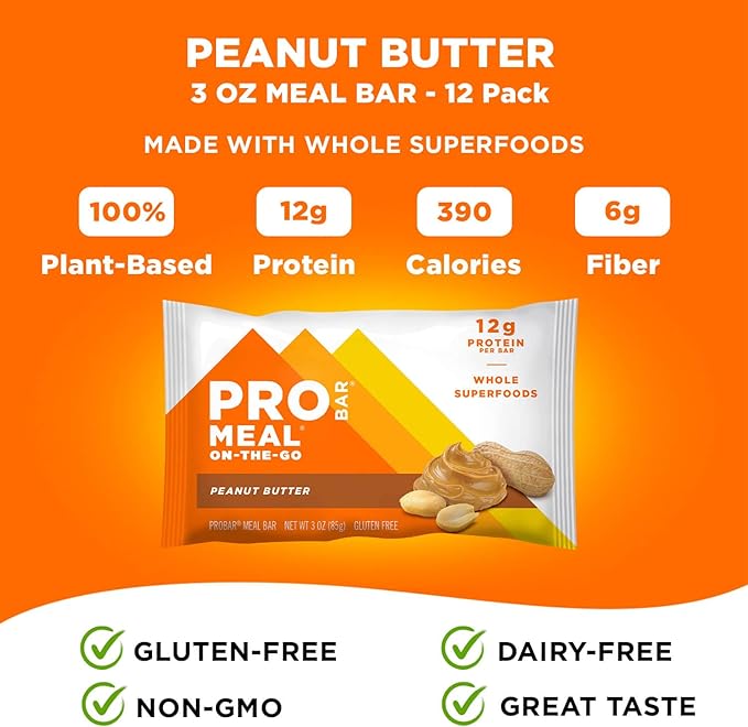 PROBAR - MEAL Bar, Peanut Butter, Non-GMO, Gluten-Free, Healthy, Plant-Based, Whole-Food Ingredients, Natural Energy (12 Count)