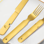 Picnic Silverware Gold Camping Cutlery Fork Knife Spoon Bottle Opener 4 Pieces Flatware Utensil Kit Foldable for Outdoor Kitchen Daily Use Easy To Clean
