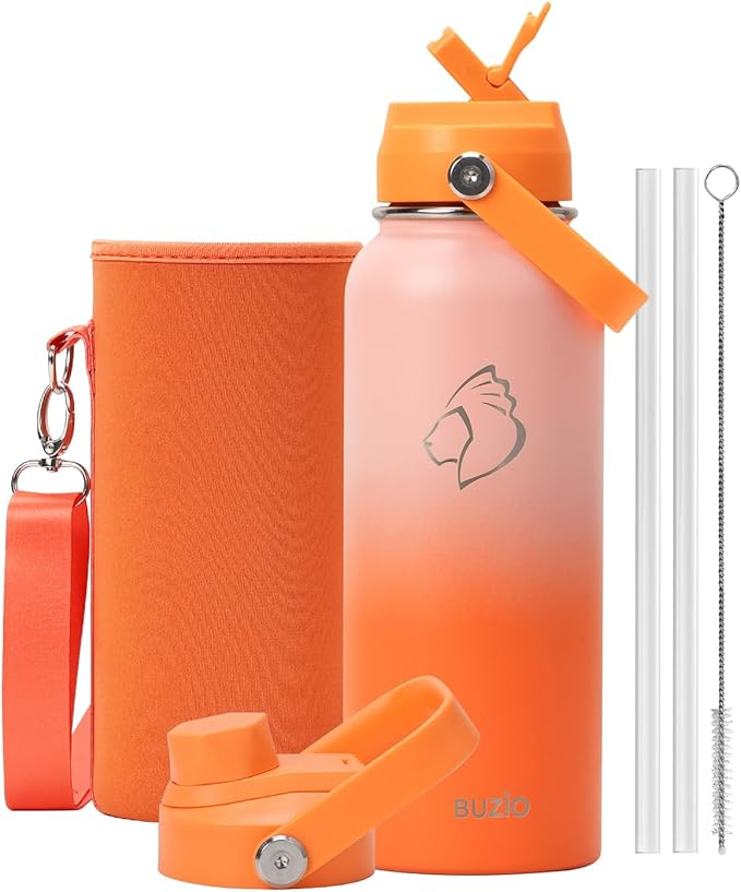 BUZIO 40oz Insulated Water Bottle, Stainless Steel Water Flask with Straw Lid and carrying pouch, Keep Cold 48h Leak Proof Double Wall Vacuum Travel Mug Metal Canteen for Gym Beach, Gradient Orange